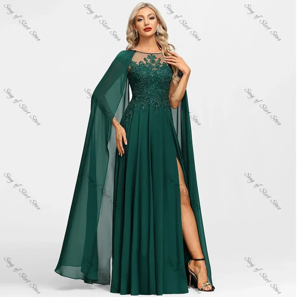 Customized O-Neck A-Line Emerald Mother of the Bride Dresses Side Slit  Lace Appliques Sequined Chiffon Wedding Guest Prom Gowns