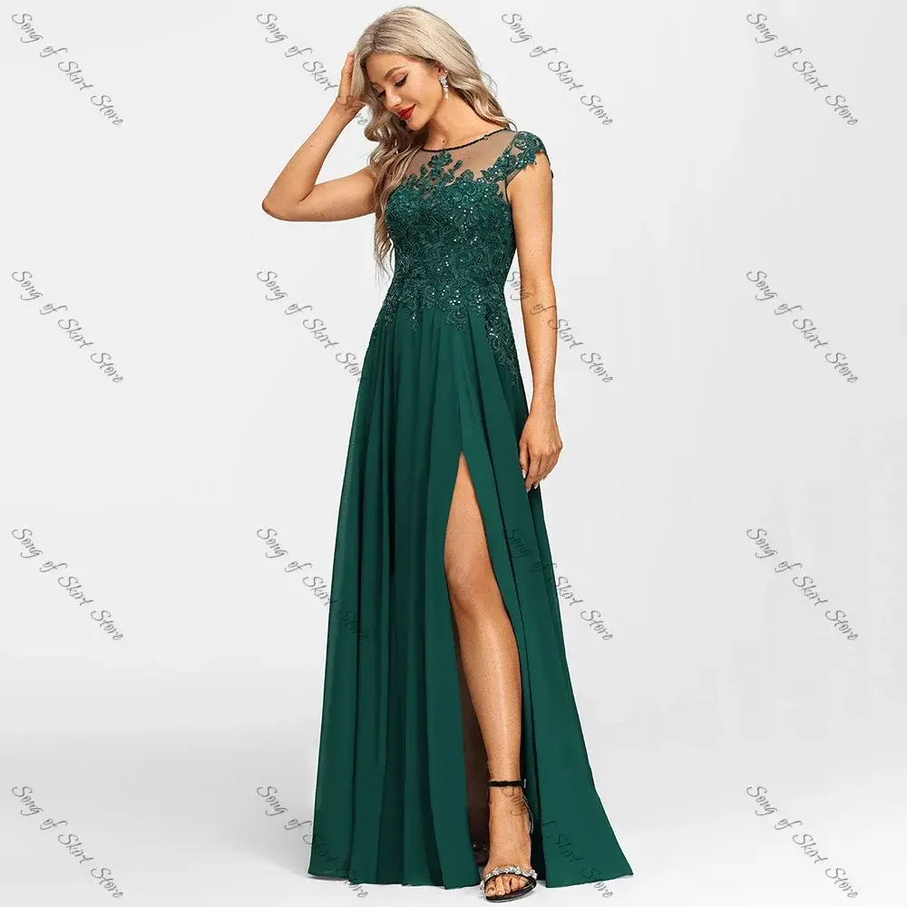 Customized O-Neck A-Line Emerald Mother of the Bride Dresses Side Slit  Lace Appliques Sequined Chiffon Wedding Guest Prom Gowns
