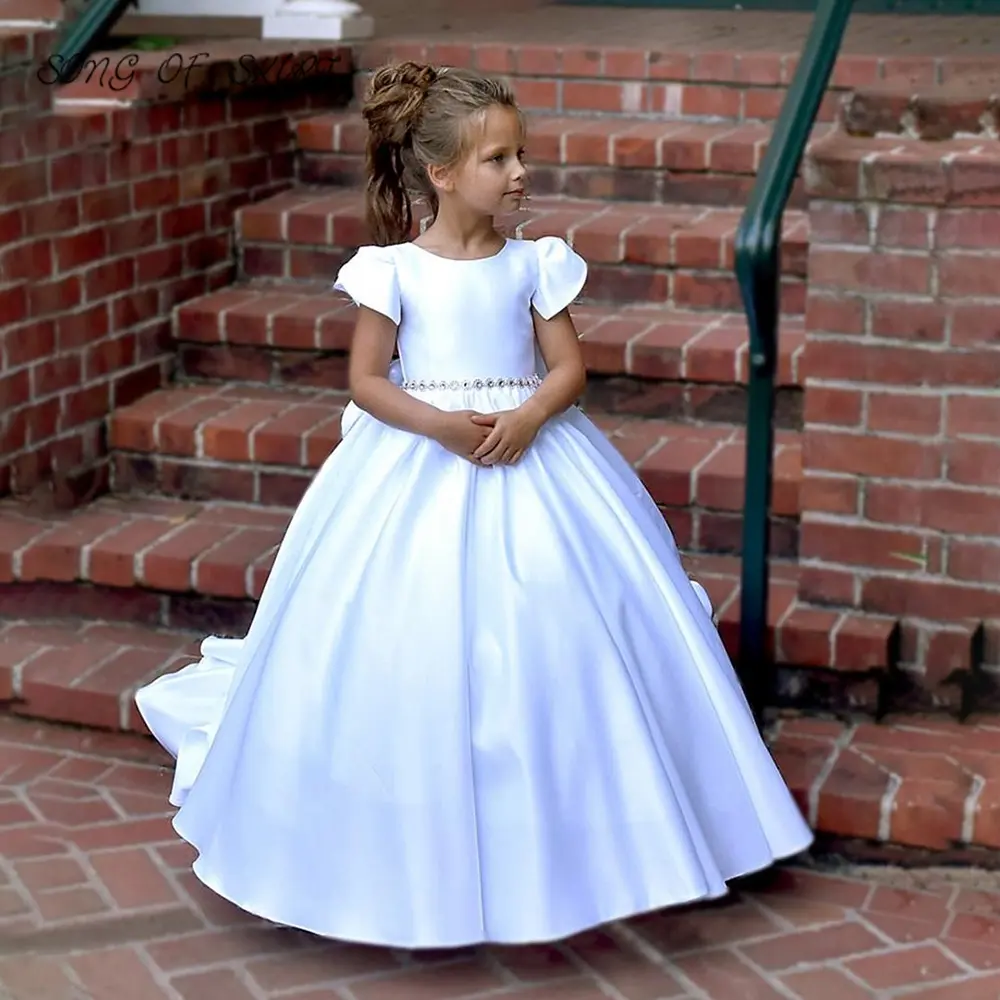 Elegance Puff Short Sleeve Flower Girl Dresses Clean White Little Princess Children Birthday Party Gown Customized