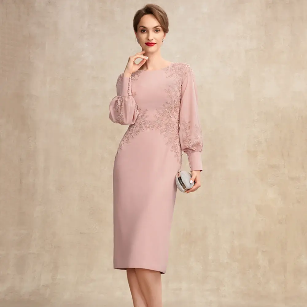 Customized Simple Scoop Neck Long Sleeve Mother of The Bride Dresses Lace Appliques Knee-Length Wedding Guest Gowns