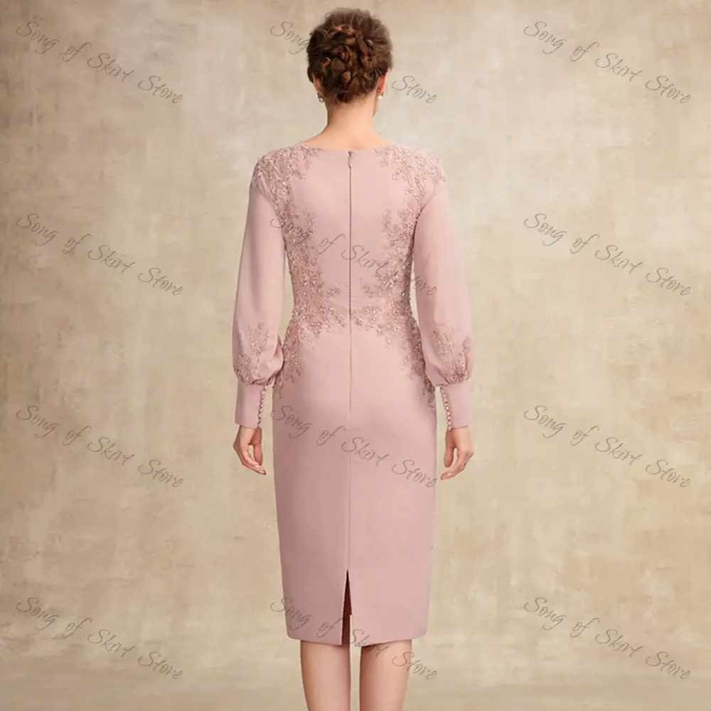 Customized Simple Scoop Neck Long Sleeve Mother of The Bride Dresses Lace Appliques Knee-Length Wedding Guest Gowns