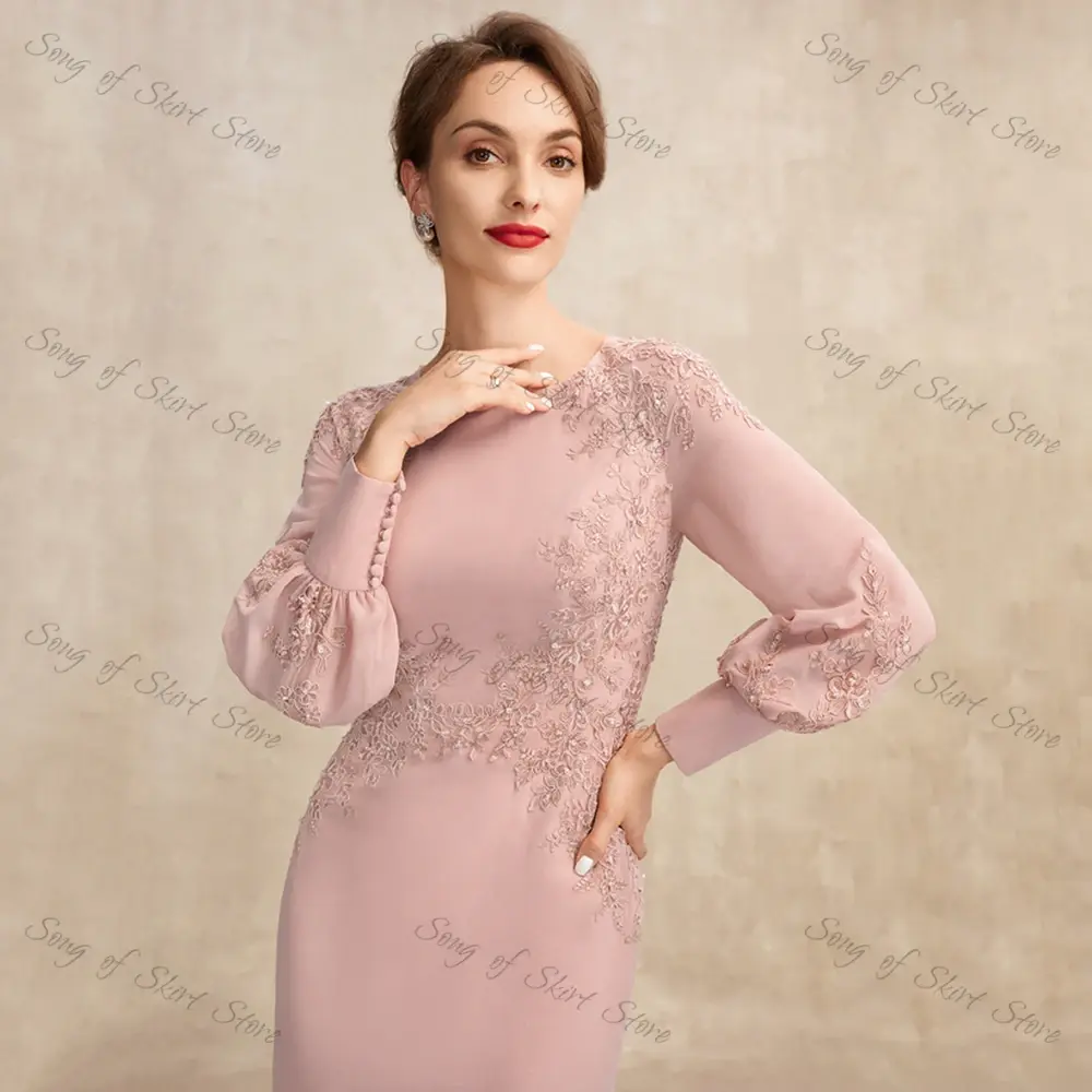 Customized Simple Scoop Neck Long Sleeve Mother of The Bride Dresses Lace Appliques Knee-Length Wedding Guest Gowns
