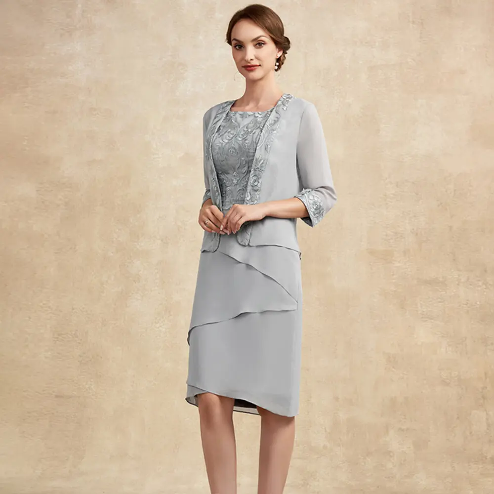 Customized Knee-Length Mother Of The Bride Dress With Jacket Lace Appliques Tiered Three Quarter Sleeve Chiffon Elegant Wedding