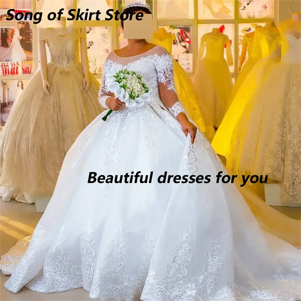 Wedding Dresses Customized Lace Long Sleeves Princess Plus Size Ball Gown Illusion Scoop Beaded Lace Up Back Bridal Gowns