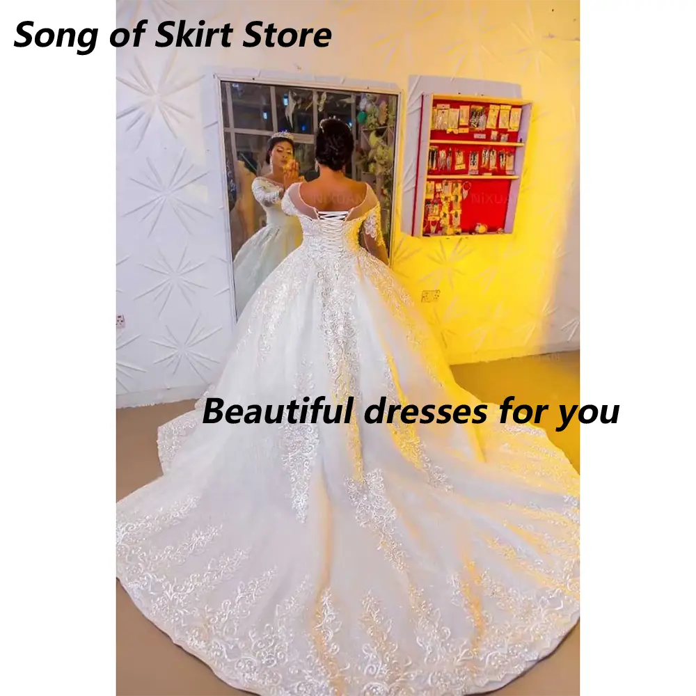 Wedding Dresses Customized Lace Long Sleeves Princess Plus Size Ball Gown Illusion Scoop Beaded Lace Up Back Bridal Gowns