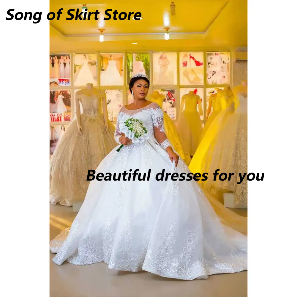 Wedding Dresses Customized Lace Long Sleeves Princess Plus Size Ball Gown Illusion Scoop Beaded Lace Up Back Bridal Gowns