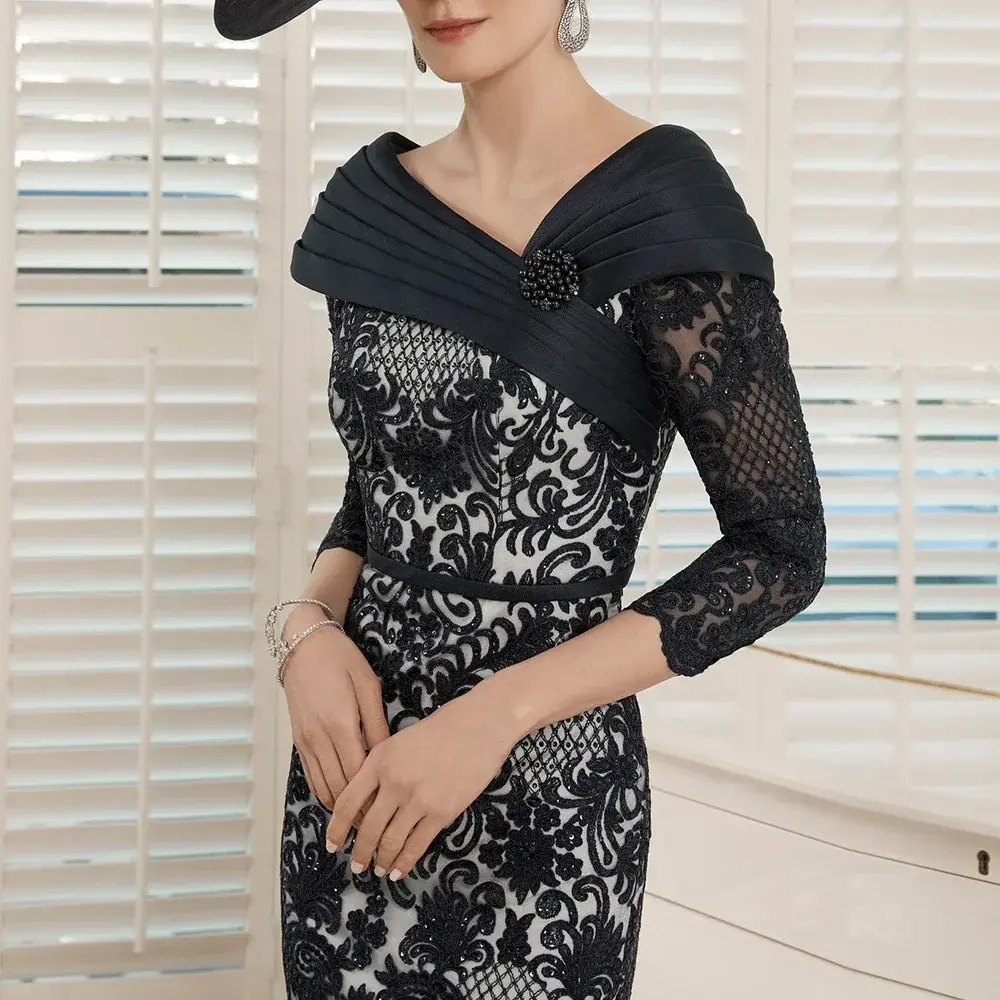 Customized Sheath Mother of The Bride Dresses Lace 3/4 Sleeve Prom Gown V-Neck Chiffon Bridal Mom Dress Robes Invitée Mariage
