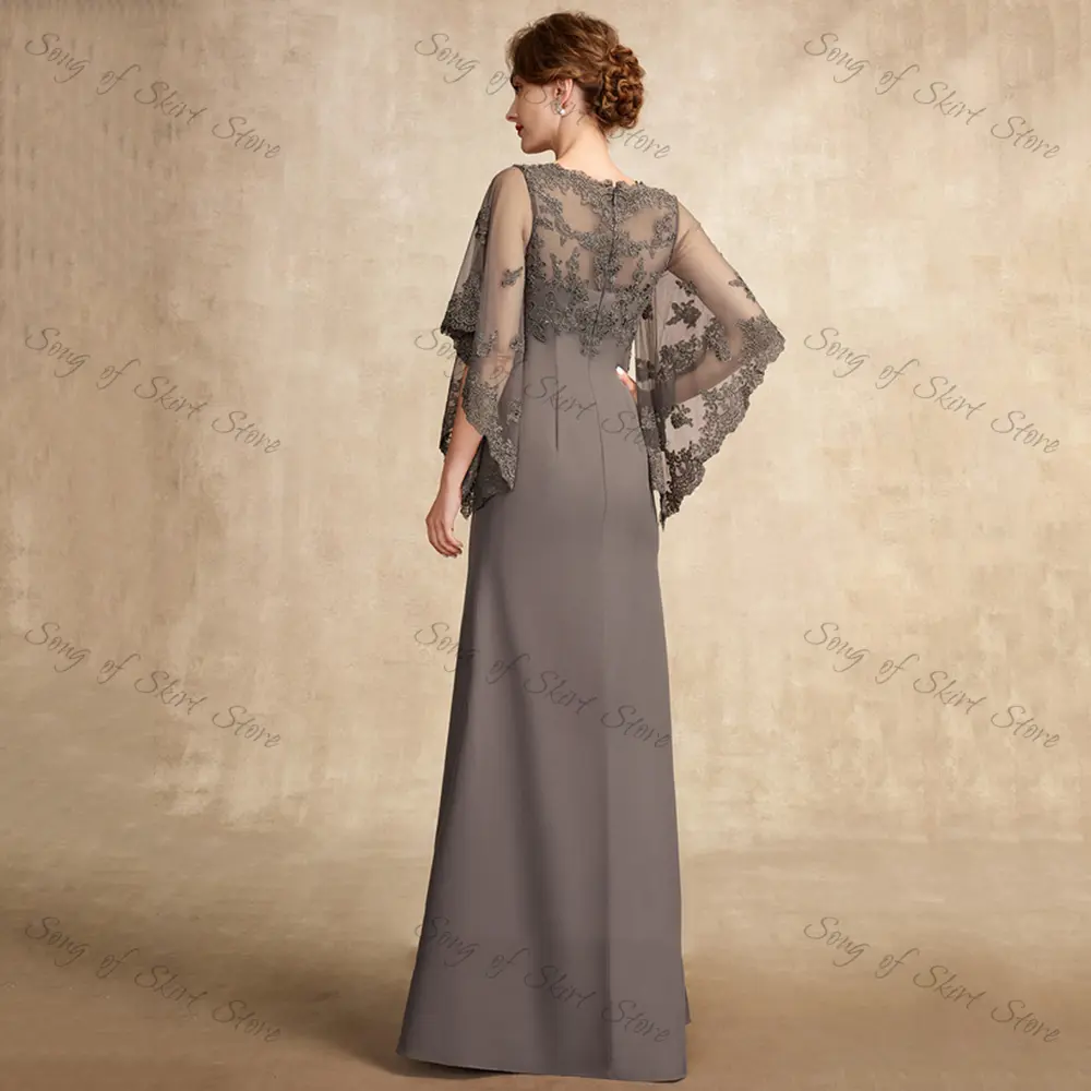Customized Modern O-Neck Mermaid Mother Of The Bride Dresses Lace Appliques Chiffon Three Quarter Sleeves Formal Wedding Guest