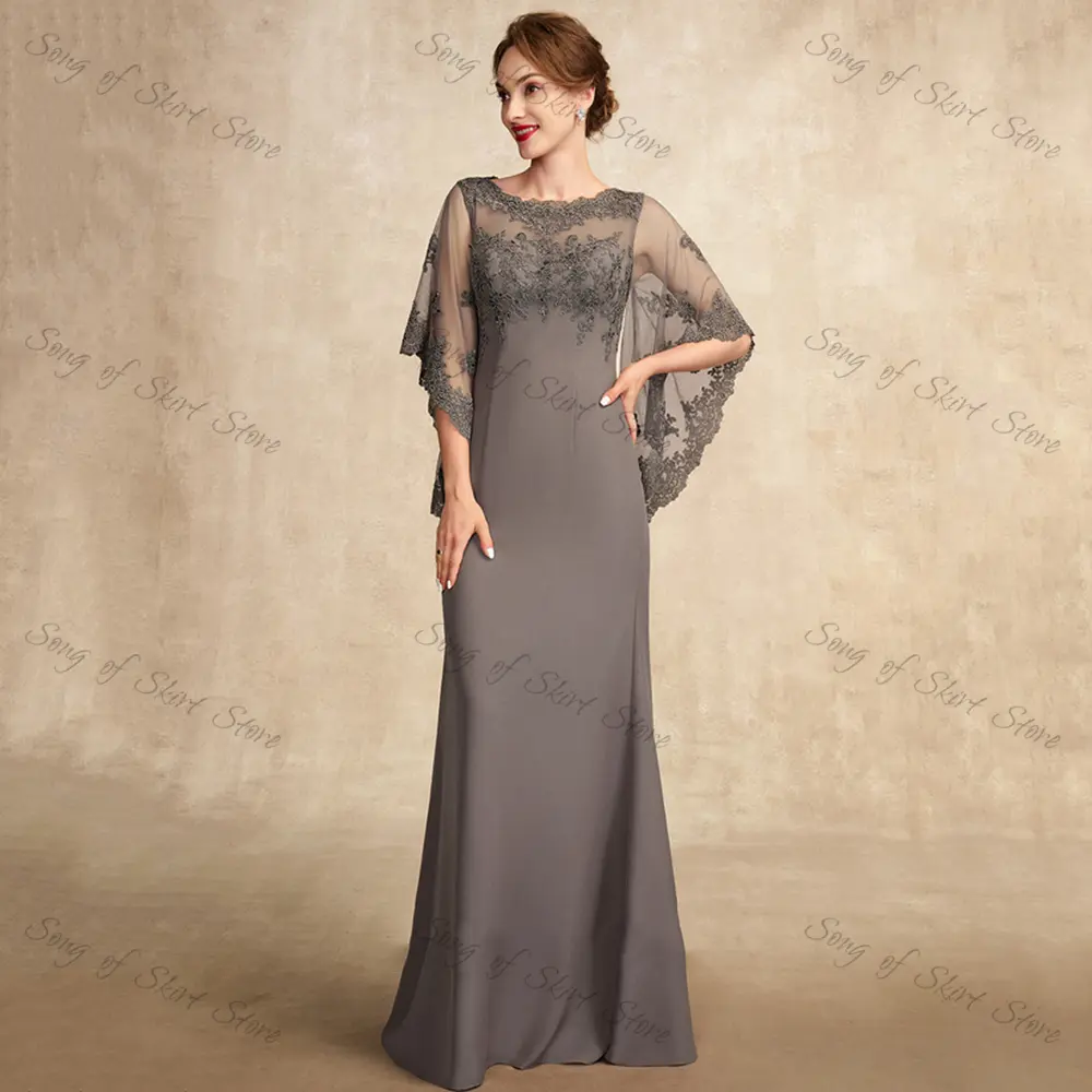Customized Modern O-Neck Mermaid Mother Of The Bride Dresses Lace Appliques Chiffon Three Quarter Sleeves Formal Wedding Guest