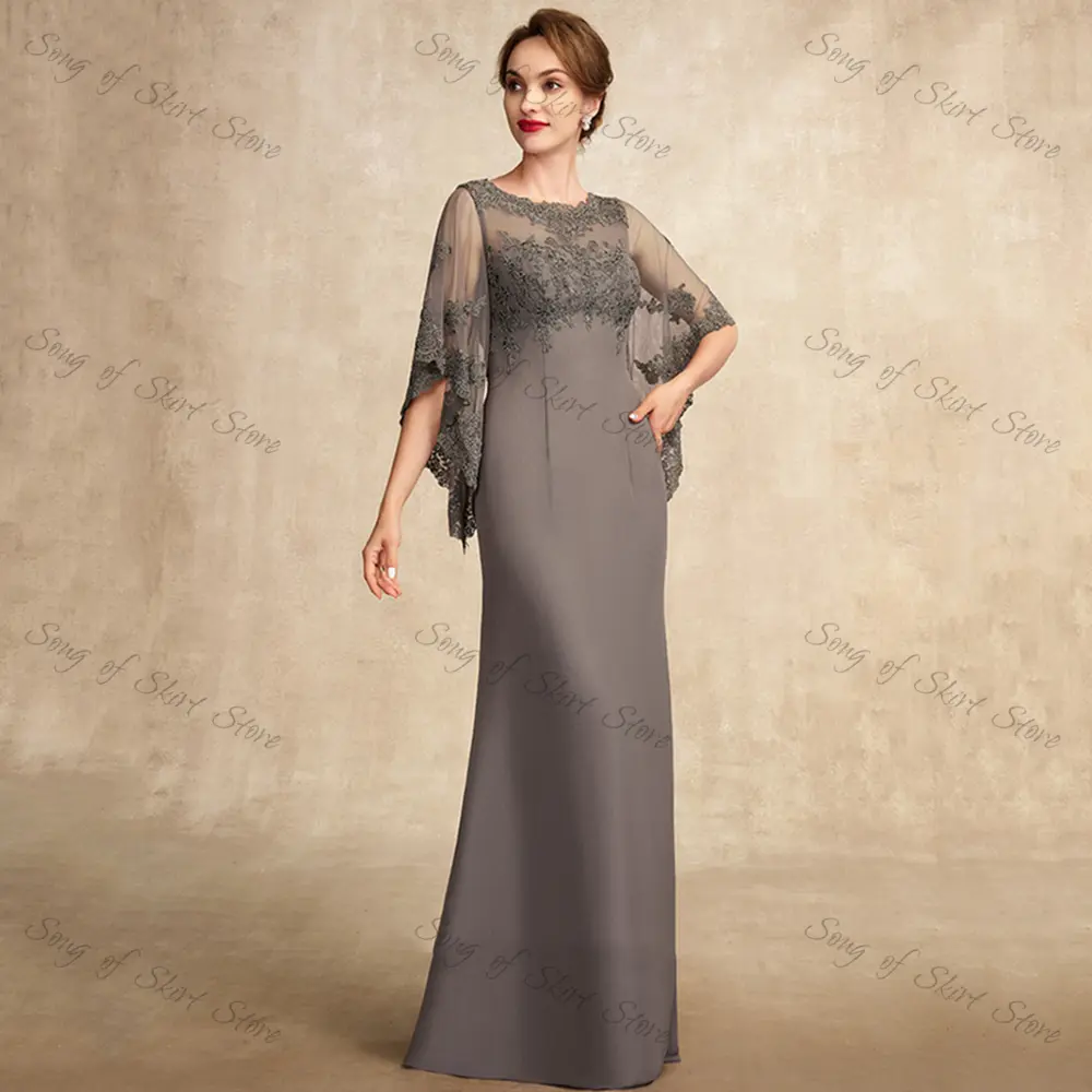 Customized Modern O-Neck Mermaid Mother Of The Bride Dresses Lace Appliques Chiffon Three Quarter Sleeves Formal Wedding Guest