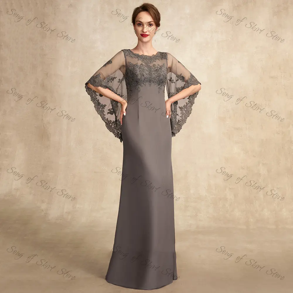 Customized Modern O-Neck Mermaid Mother Of The Bride Dresses Lace Appliques Chiffon Three Quarter Sleeves Formal Wedding Guest