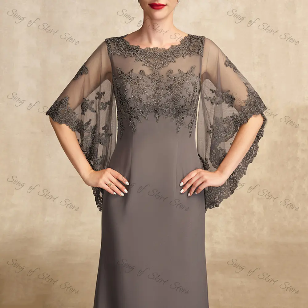 Customized Modern O-Neck Mermaid Mother Of The Bride Dresses Lace Appliques Chiffon Three Quarter Sleeves Formal Wedding Guest
