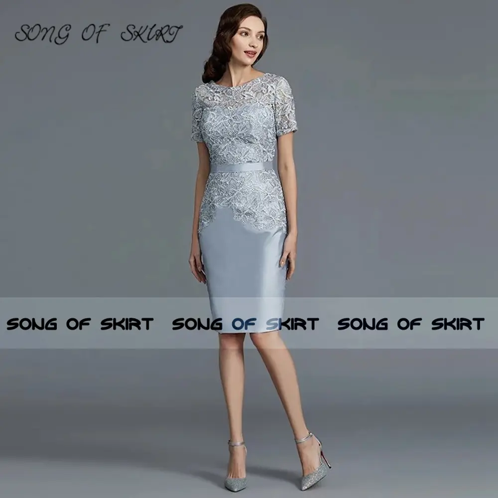 Customized Short Sleeves Knee Length Mother Of Bride Dresses Elegant Lace O-neck Mom Wedding Evening Formal Gown Robe De Soirée