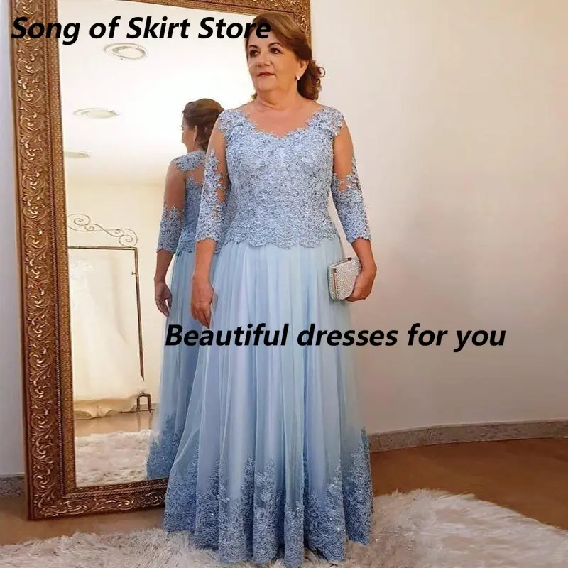 Customized Plus Size Mother of The Bride Dress for Wedding Party Lace Tulle 3/4 Long Sleeve Ladies Formal Evening Prom Gowns