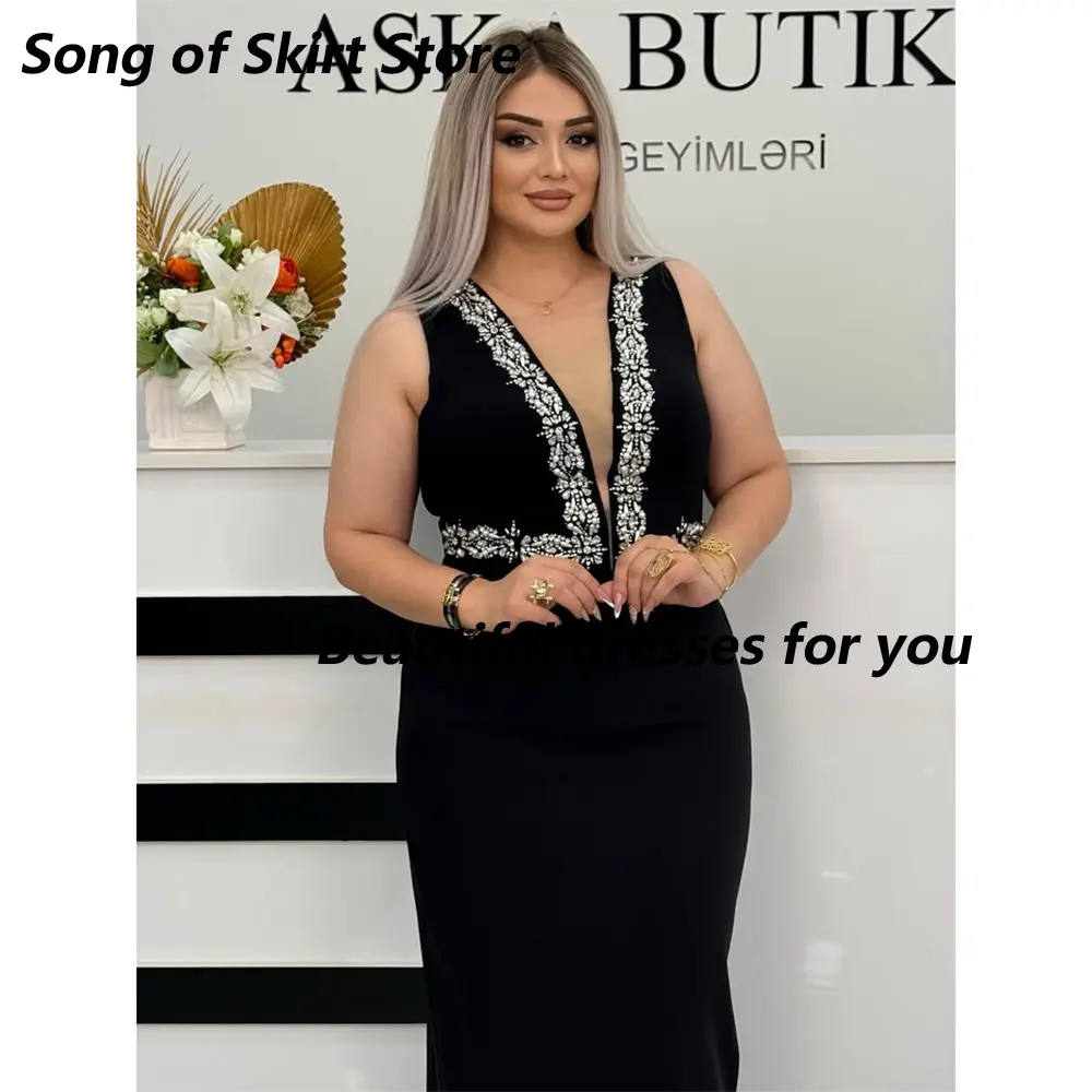 Black Evening Dress Customized V-Neck Sleeveless Crystals Straight Jersey Arabian Evening Gown Formal Party Dresses