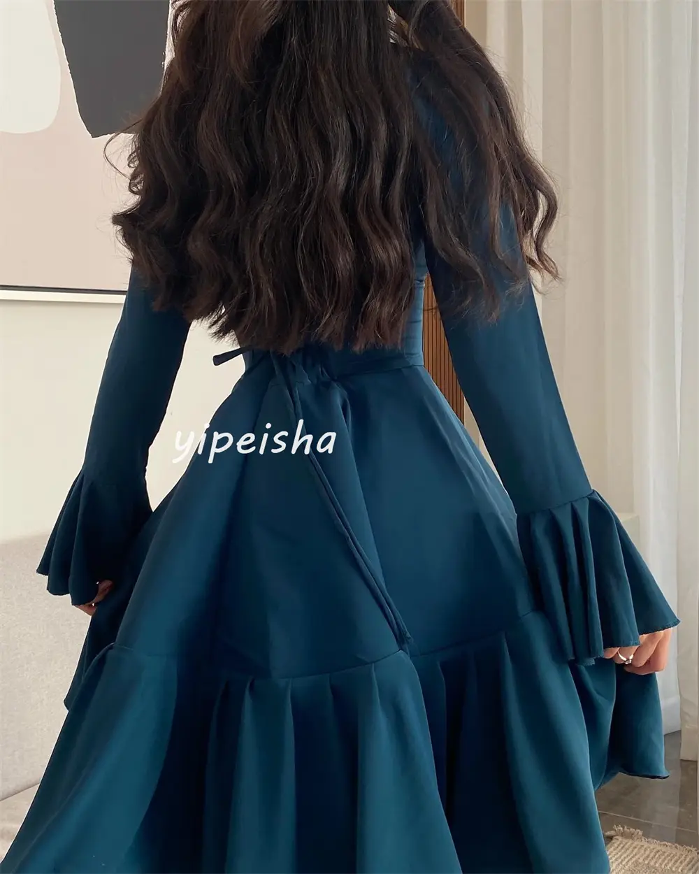 Customized Fashion Pastrol Jersey Pleat Ruched Draped A-line V-neck Knee Length Dresses Cocktail Dresses Retro Exquisite Elegant
