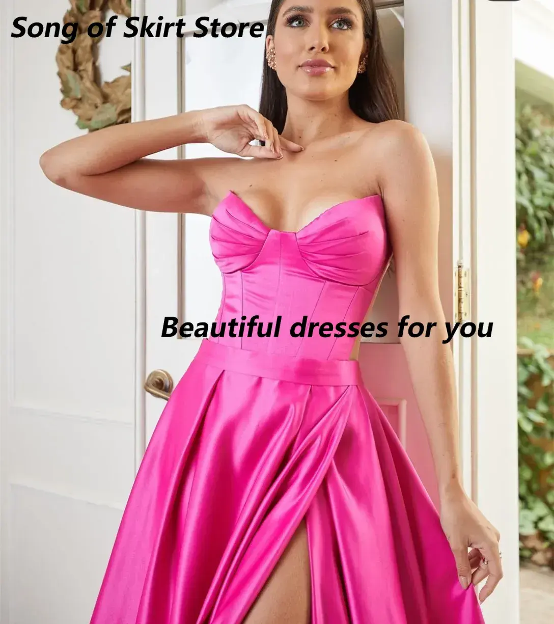 Customized Elegant Long Satin Prom Dresses with Slit A-Line V-Neck Pleated Party Dress Maxi Formal Evening Dresses for Women