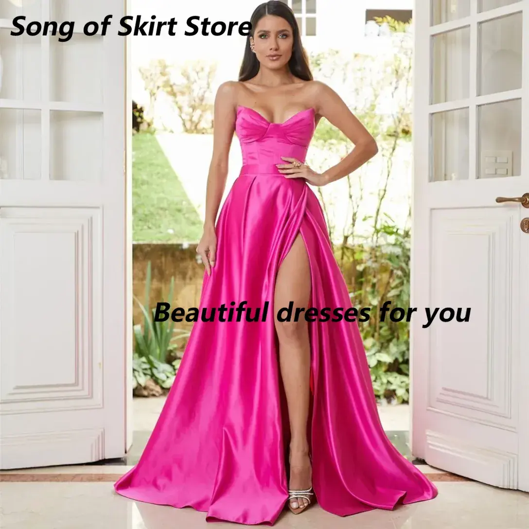 Customized Elegant Long Satin Prom Dresses with Slit A-Line V-Neck Pleated Party Dress Maxi Formal Evening Dresses for Women