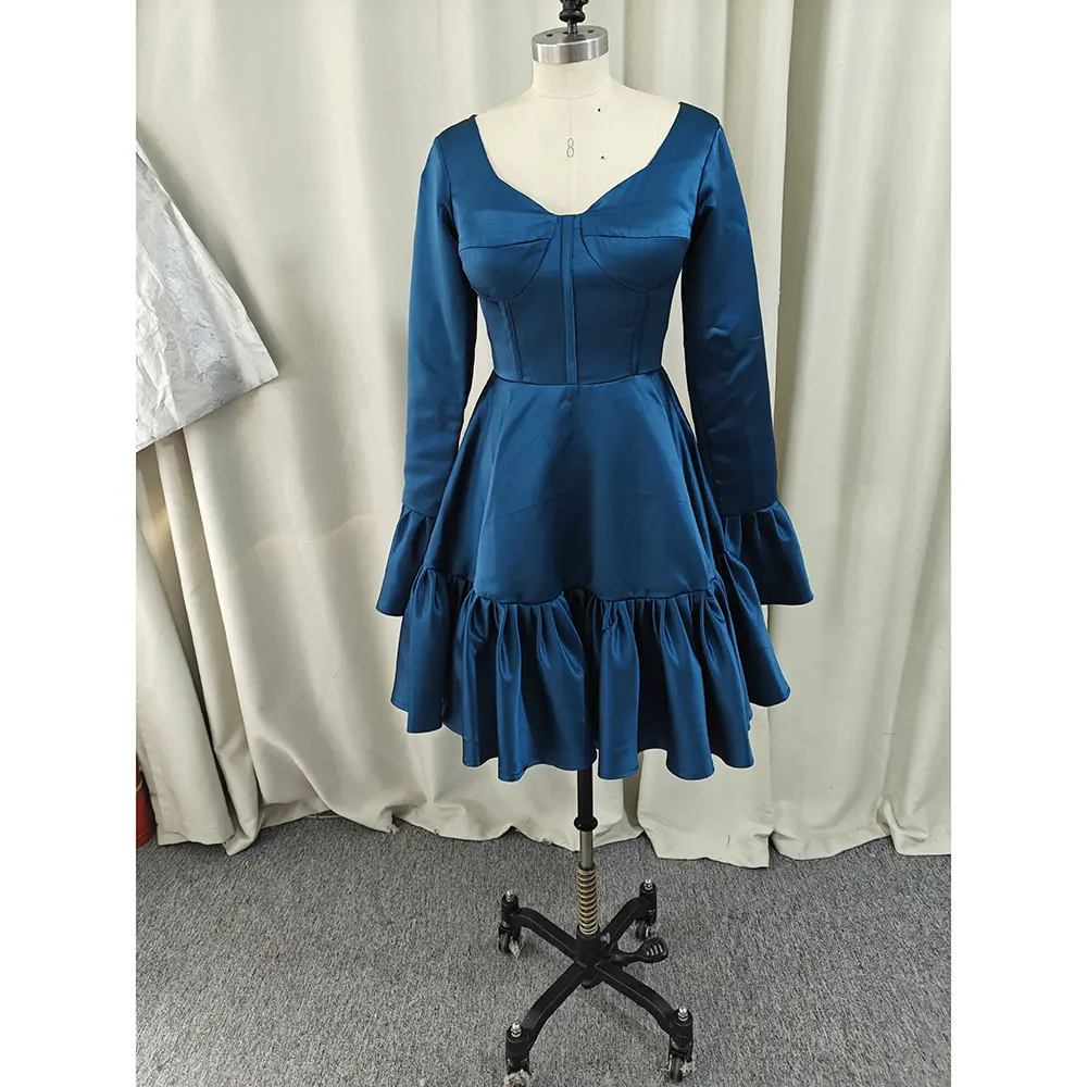 Customized Fashion Pastrol Jersey Pleat Ruched Draped A-line V-neck Knee Length Dresses Cocktail Dresses Retro Exquisite Elegant