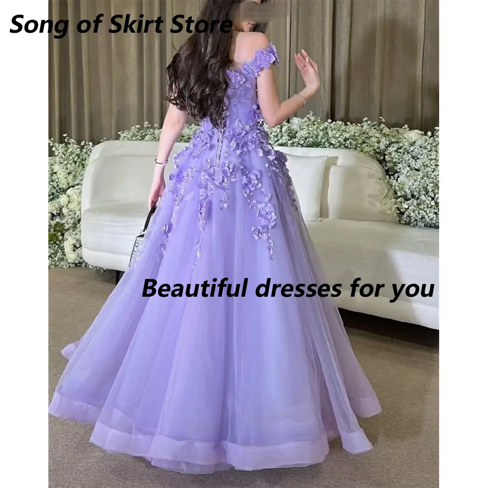 Lilac Evening Dress Customized Exquisite Off Shoulder Applique A Line Tulle Floor Length Prom Dress Formal Party Dresses
