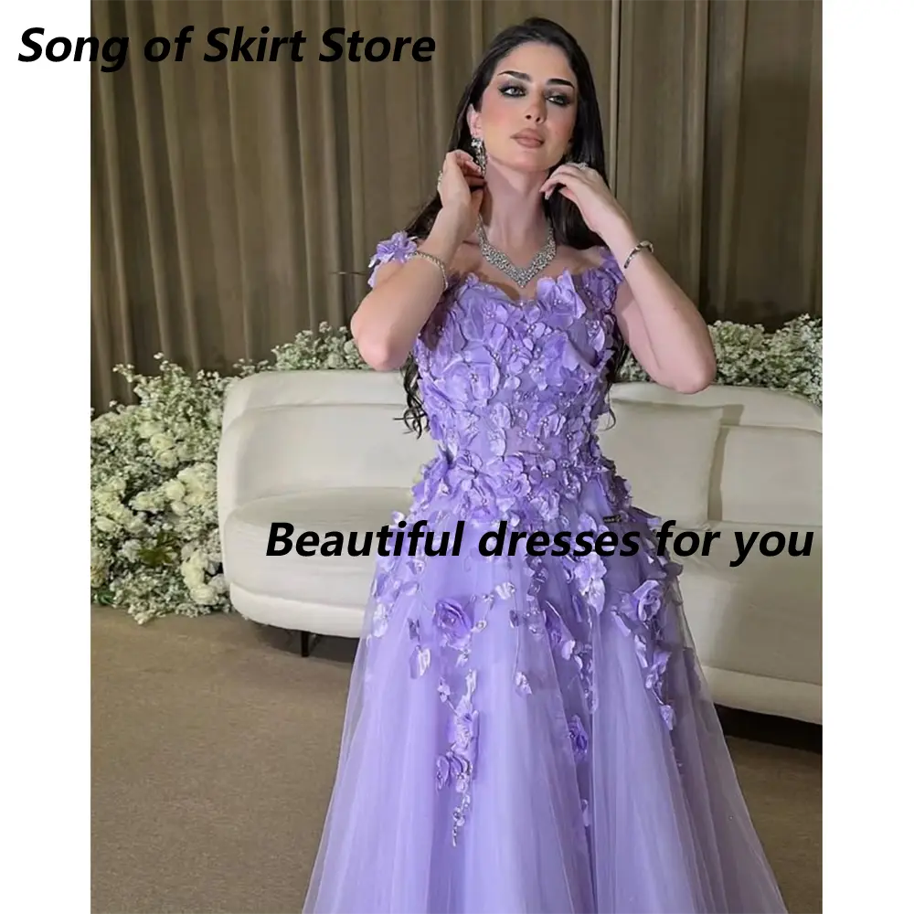 Lilac Evening Dress Customized Exquisite Off Shoulder Applique A Line Tulle Floor Length Prom Dress Formal Party Dresses
