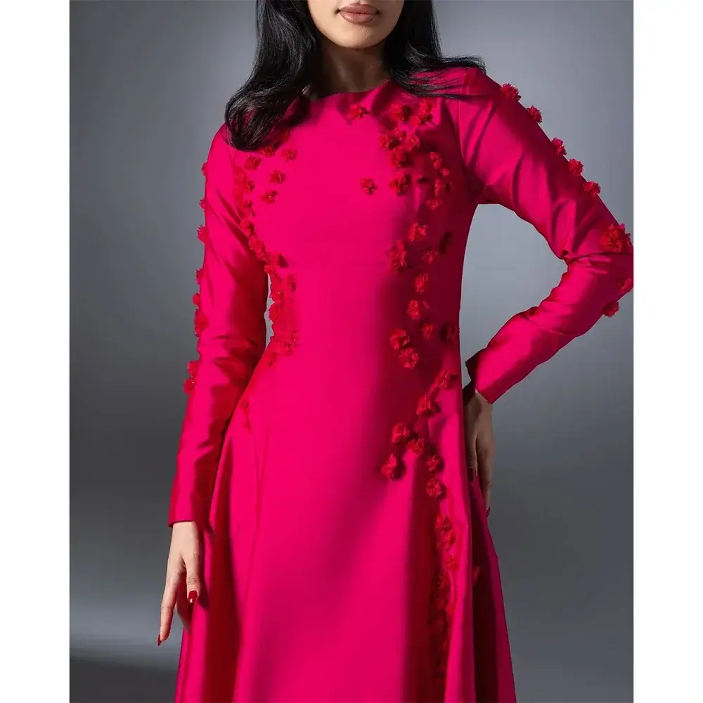 Red Evening Dresses Customized Elegant Satin  A-line Draped Flowers Homecoming Dresses Long Sleeve Party Dresses for Special Ocn