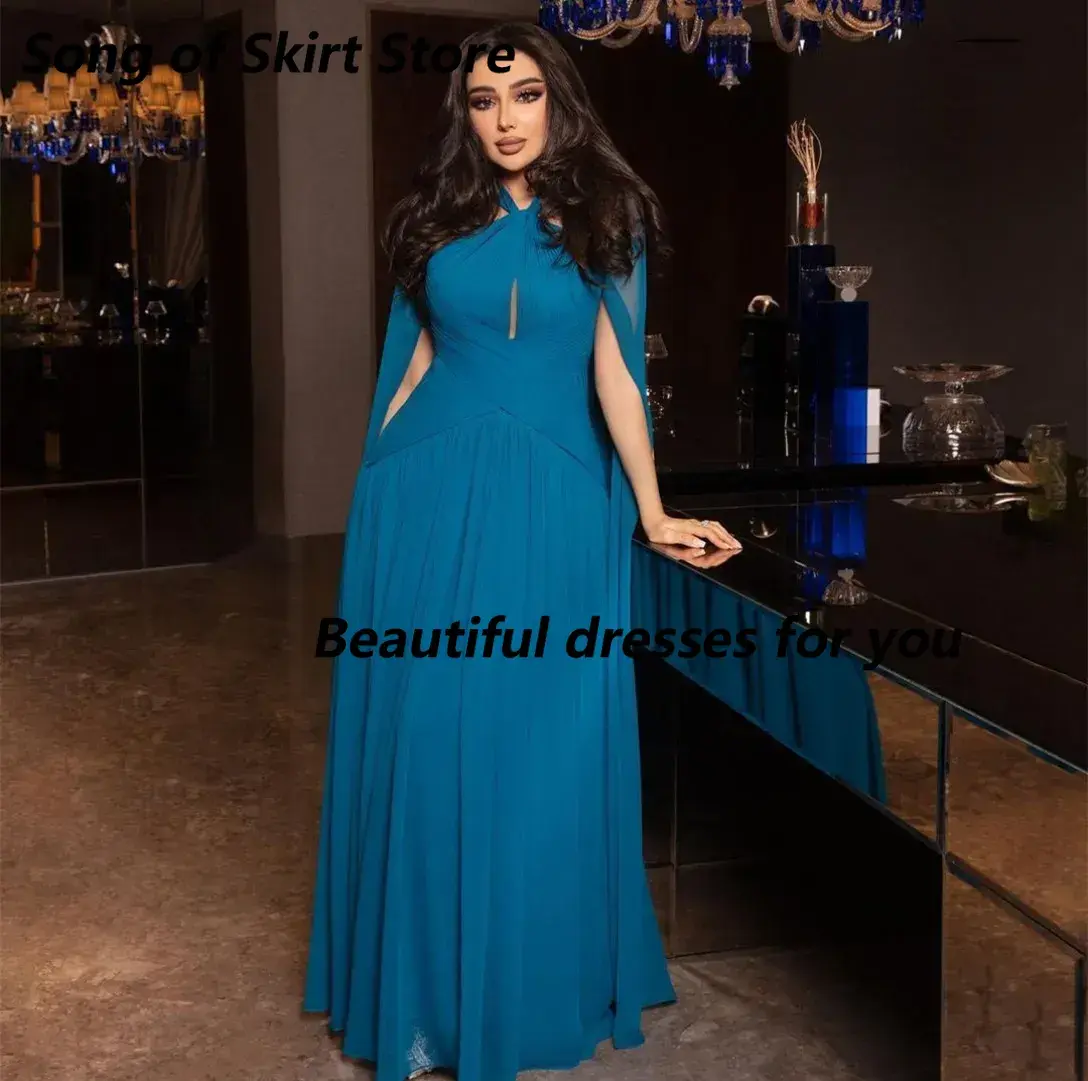 Customized Long Chiffon Blue Evening Dresses with Cape A-Line Halter Neck Pleated Floor Length Formal Occasion Prom Party Gowns