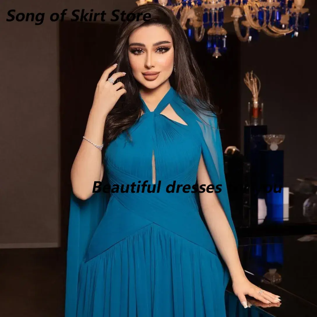Customized Long Chiffon Blue Evening Dresses with Cape A-Line Halter Neck Pleated Floor Length Formal Occasion Prom Party Gowns