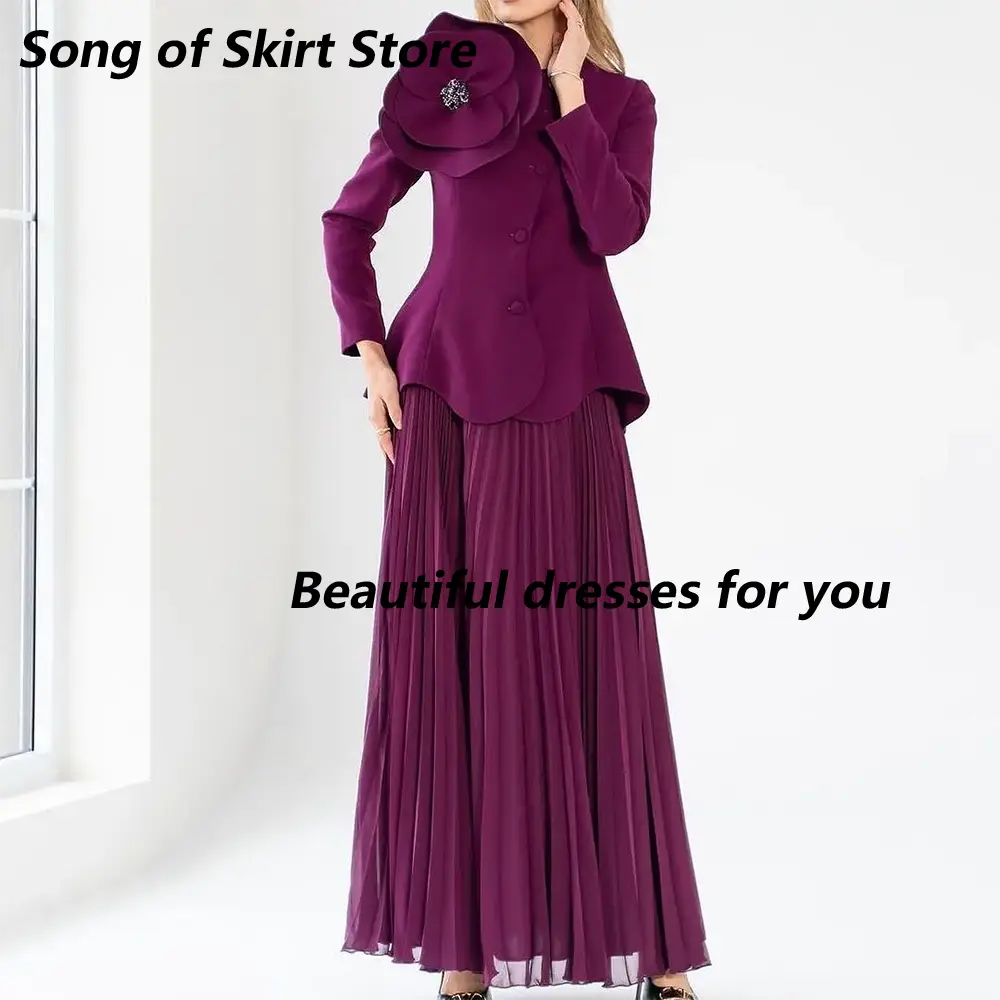 Customized Elegant 2-Piece Prom Dresses Long Sleeves Handmade Flower Evening Dresses Pleated A-Line Wedding Party Dress