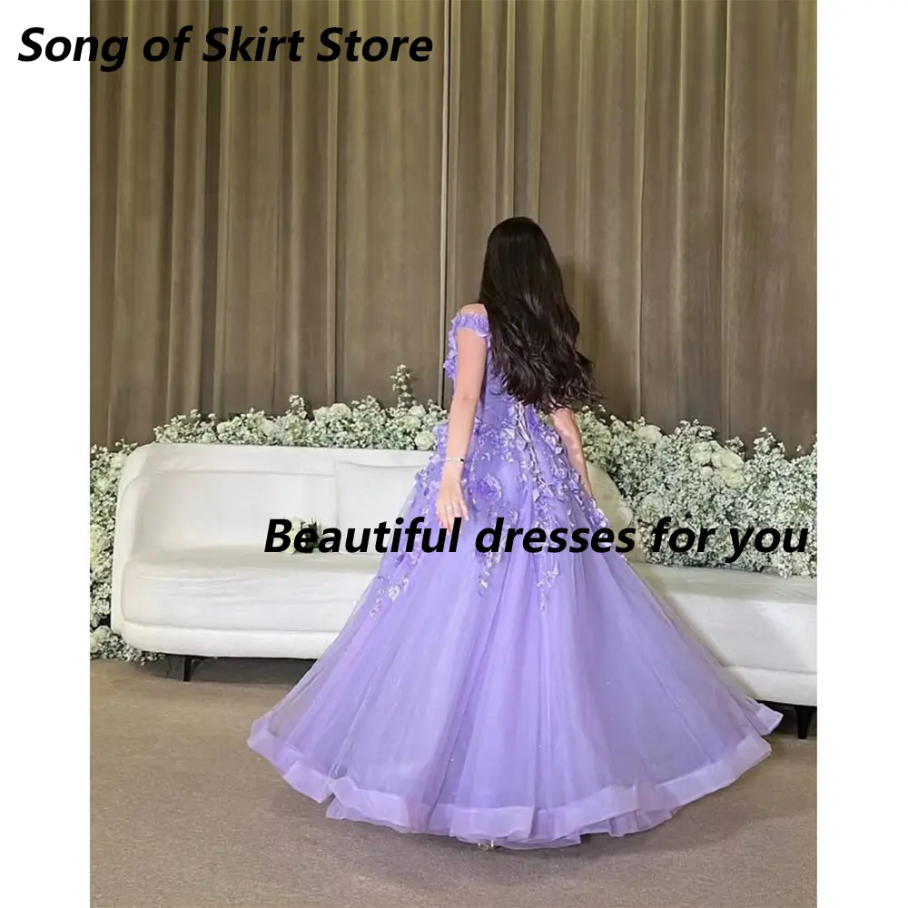 Lilac Evening Dress Customized Exquisite Off Shoulder Applique A Line Tulle Floor Length Prom Dress Formal Party Dresses
