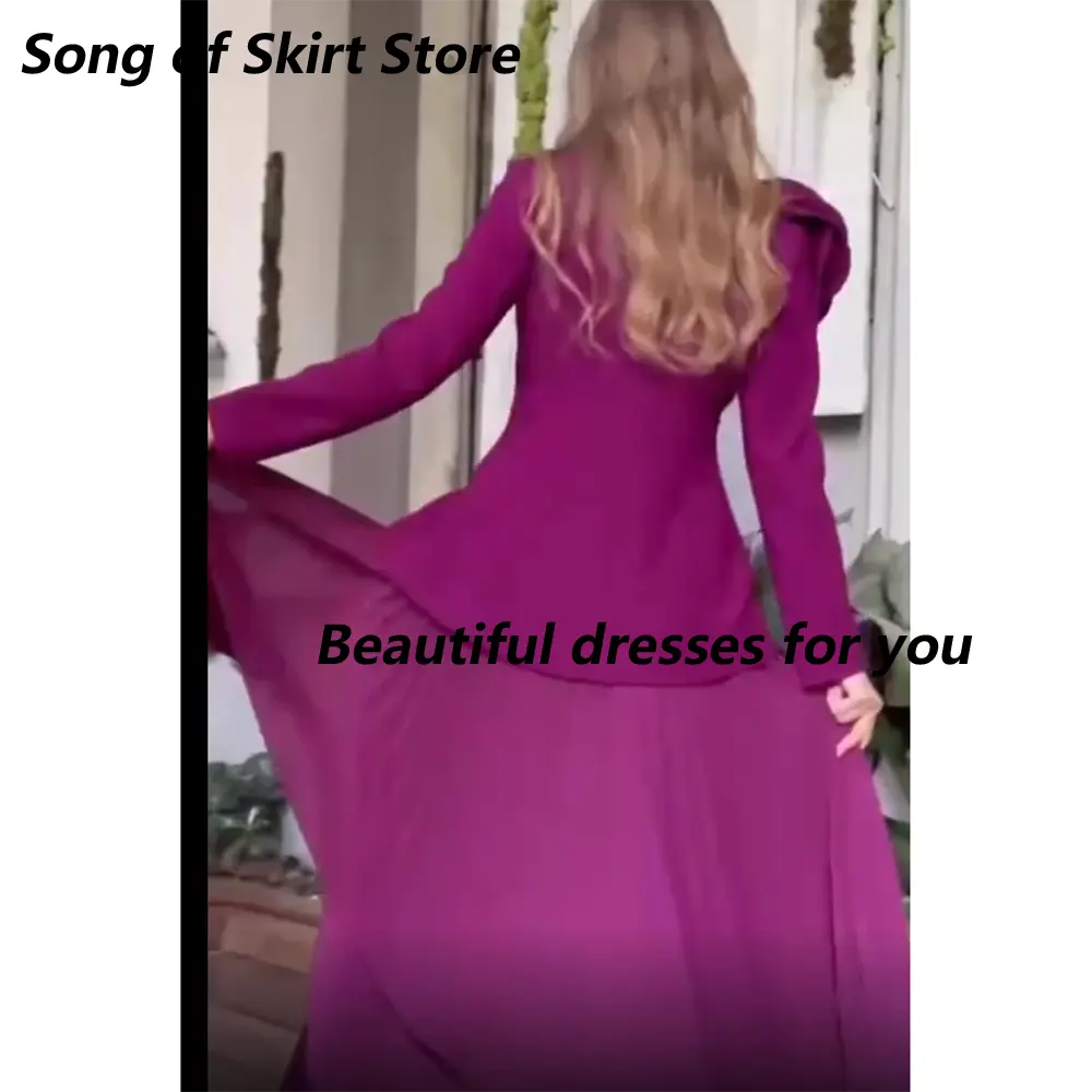 Customized Elegant 2-Piece Prom Dresses Long Sleeves Handmade Flower Evening Dresses Pleated A-Line Wedding Party Dress