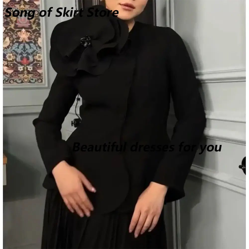 Customized Elegant 2-Piece Prom Dresses Long Sleeves Handmade Flower Evening Dresses Pleated A-Line Wedding Party Dress