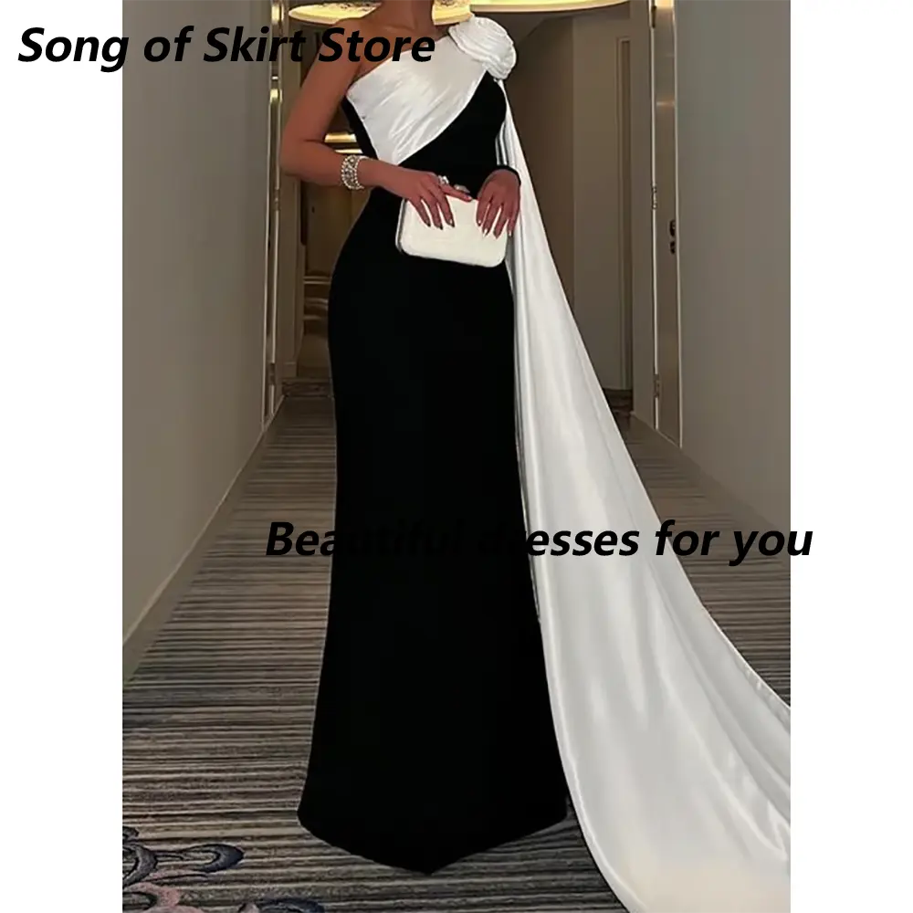 Classic Evening Dress Unique Floral Accented One-Shoulder Two Tone Prom Dresses Side Draped Sweep Train Party Dress