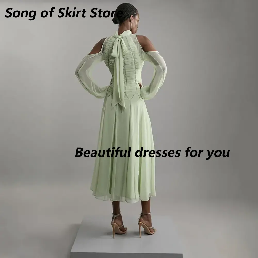 High Neck Evening Dress Customized Elegant Hollow Sleeves A Line Chiffon Saudi Arab Prom Gown Crystal Beads Midi Party Dress