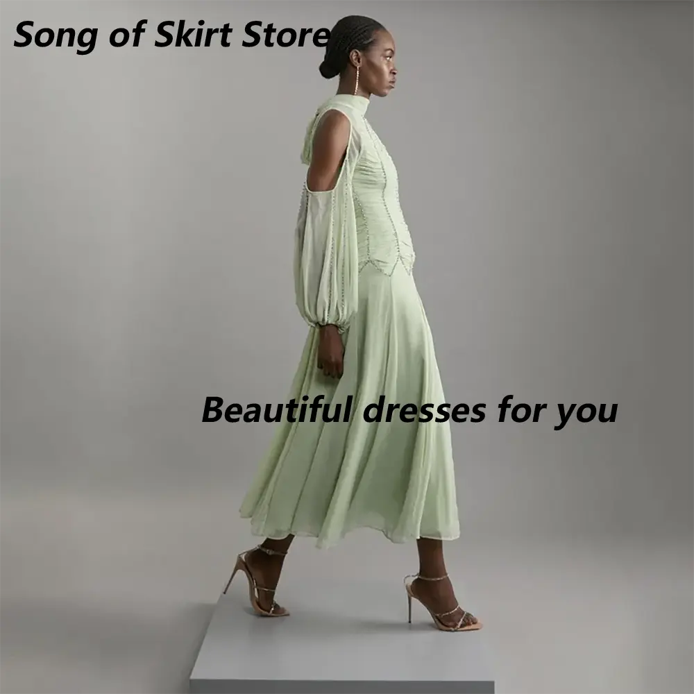 High Neck Evening Dress Customized Elegant Hollow Sleeves A Line Chiffon Saudi Arab Prom Gown Crystal Beads Midi Party Dress