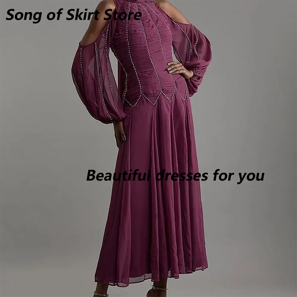 High Neck Evening Dress Customized Elegant Hollow Sleeves A Line Chiffon Saudi Arab Prom Gown Crystal Beads Midi Party Dress