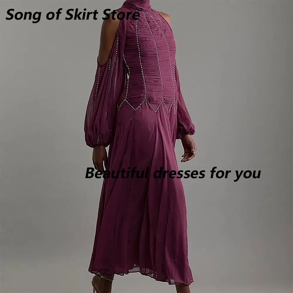 High Neck Evening Dress Customized Elegant Hollow Sleeves A Line Chiffon Saudi Arab Prom Gown Crystal Beads Midi Party Dress