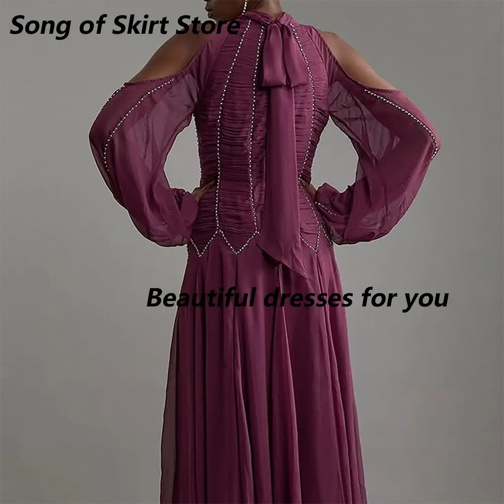 High Neck Evening Dress Customized Elegant Hollow Sleeves A Line Chiffon Saudi Arab Prom Gown Crystal Beads Midi Party Dress