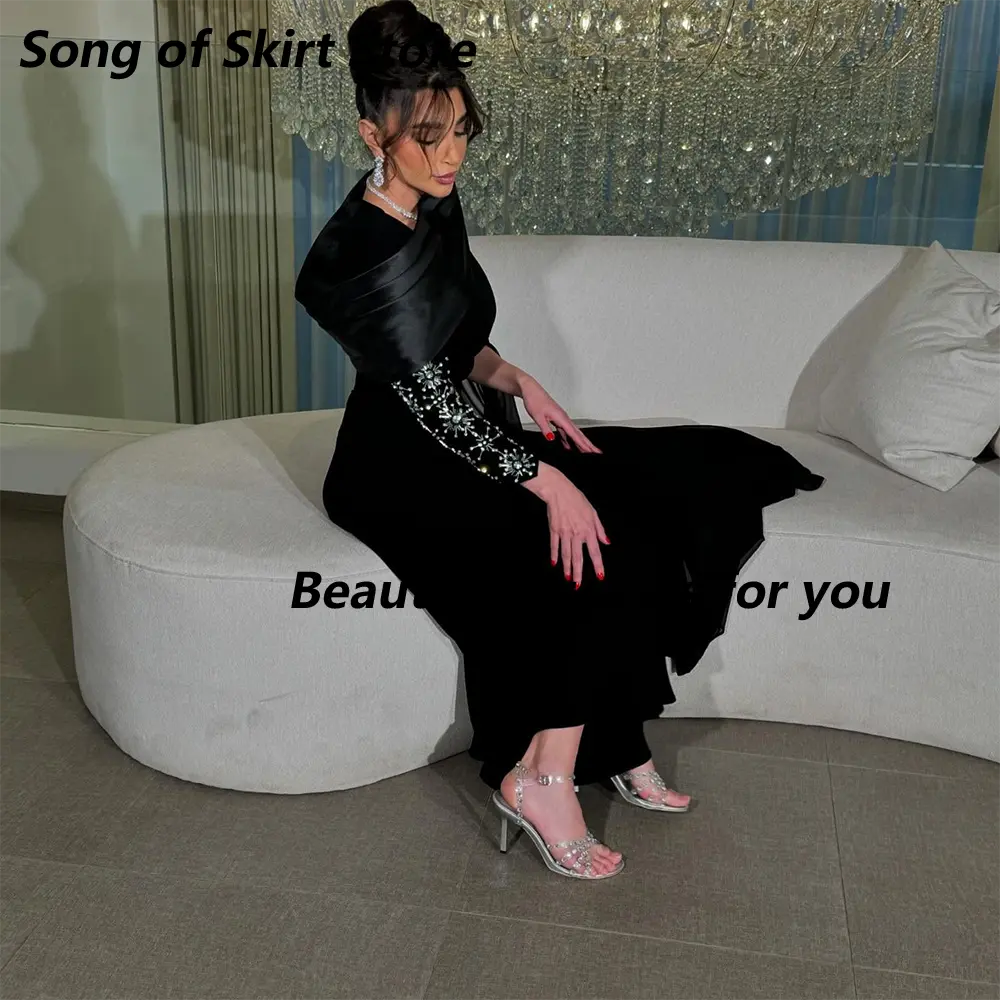 Black Evening Dress for Women One Shoulder Crystals Long Sleeves A Line Prom Formal Wedding Guest Special Events Gala Customized