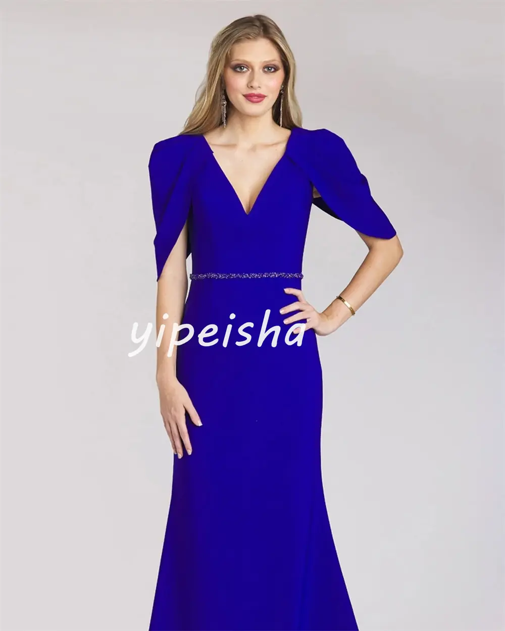 Customized Casual Fashion Jersey Sash Sequined Mermaid V-neck Long Dresses Evening Dresses Modern Style Sizes Available Pastrol