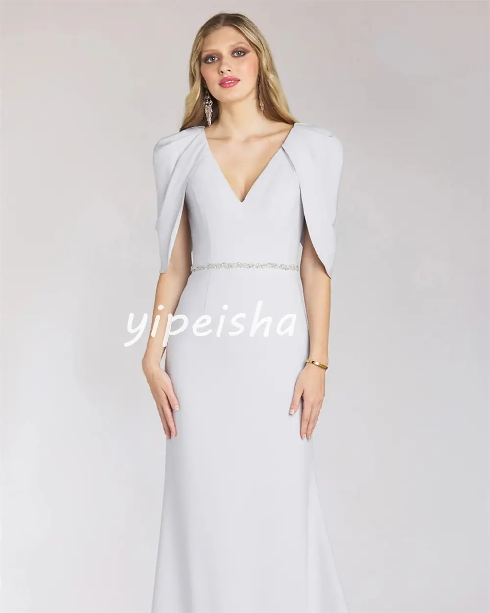 Customized Casual Fashion Jersey Sash Sequined Mermaid V-neck Long Dresses Evening Dresses Modern Style Sizes Available Pastrol
