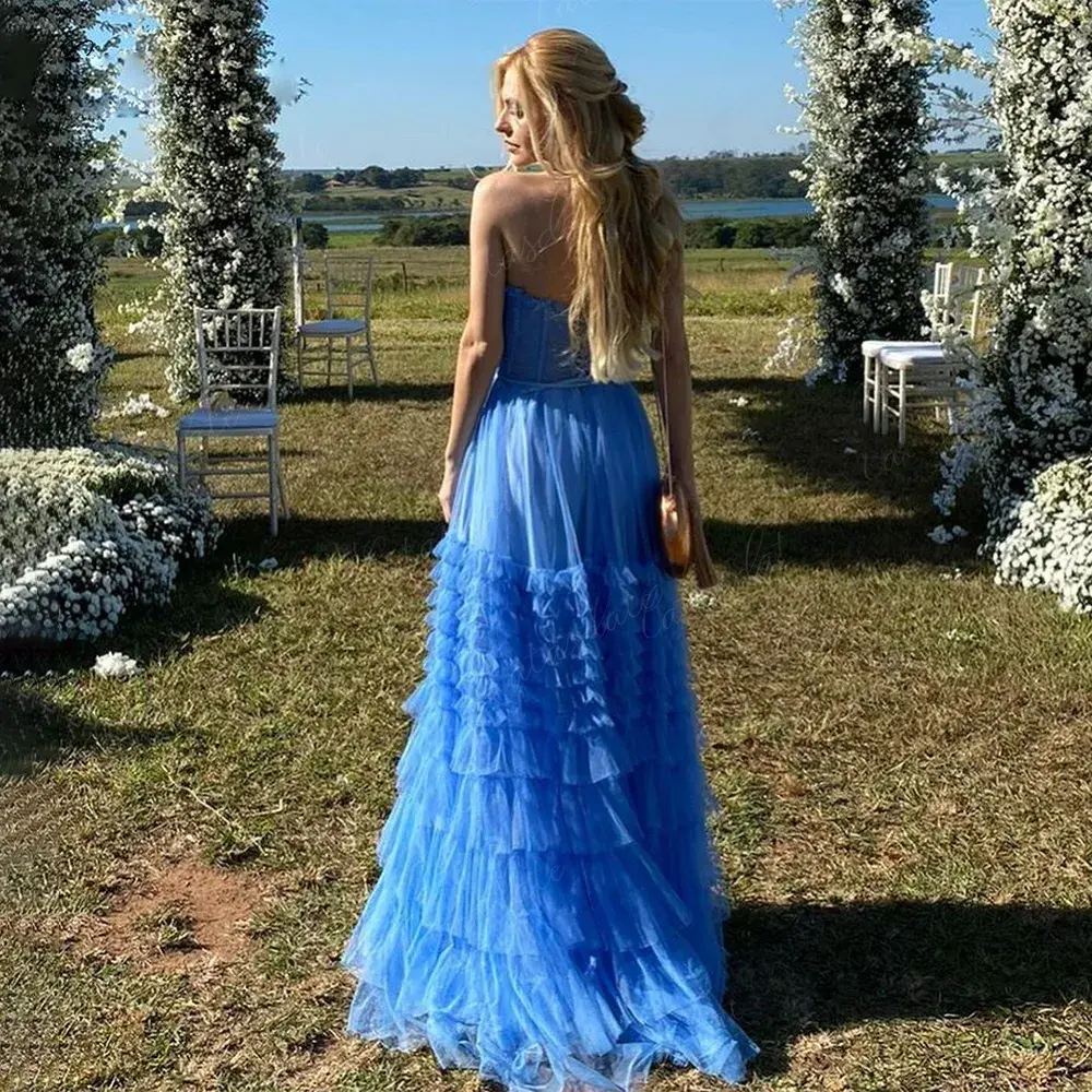 Customized Elegant Puffy Prom Dresses A Line Sweetheart Evening Dress For Women Ruffles Tiered Tulle Floor Length Formal Party D