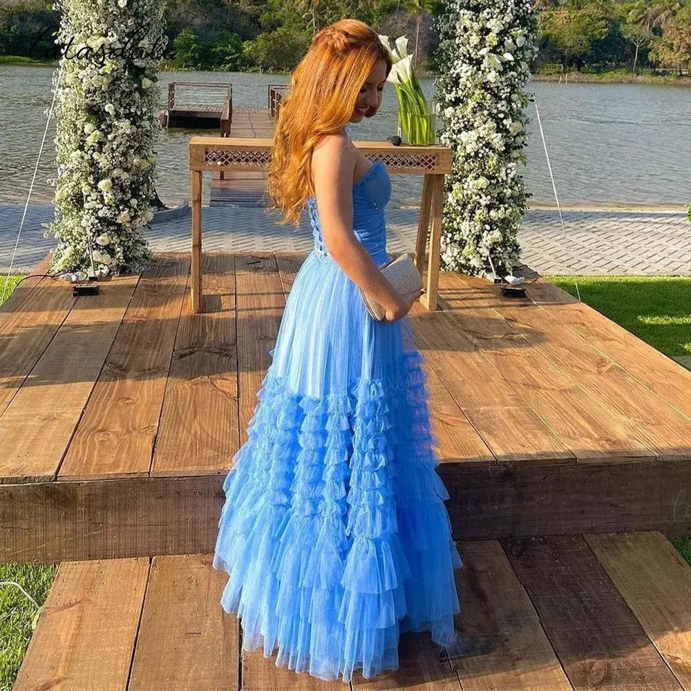 Customized Elegant Puffy Prom Dresses A Line Sweetheart Evening Dress For Women Ruffles Tiered Tulle Floor Length Formal Party D