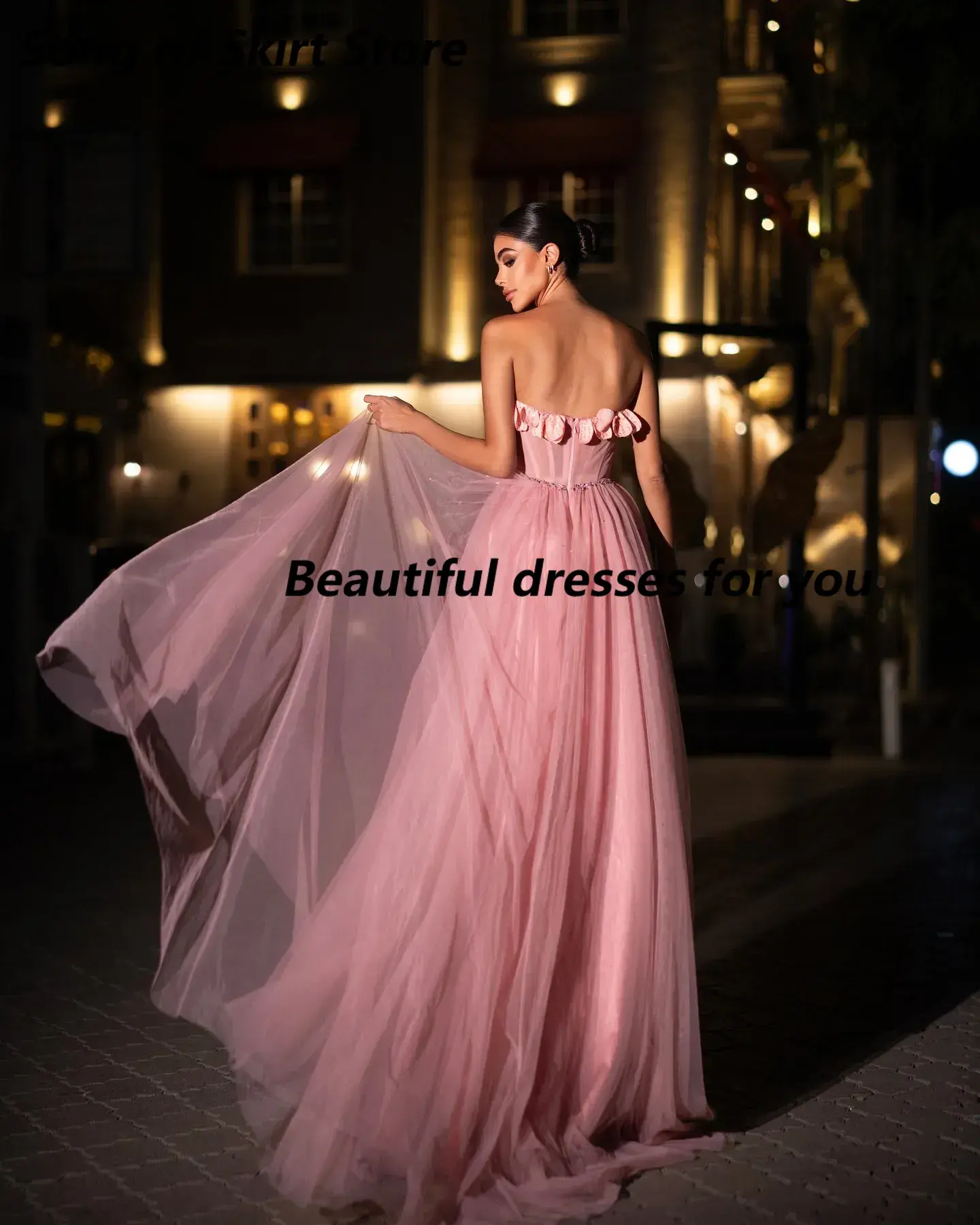 Customized Gorgeous Pink Evening Dresses Appliqued Sexy Strapless Evening Gown Bone Bodice Tulle Formal Prom Dresses For Women