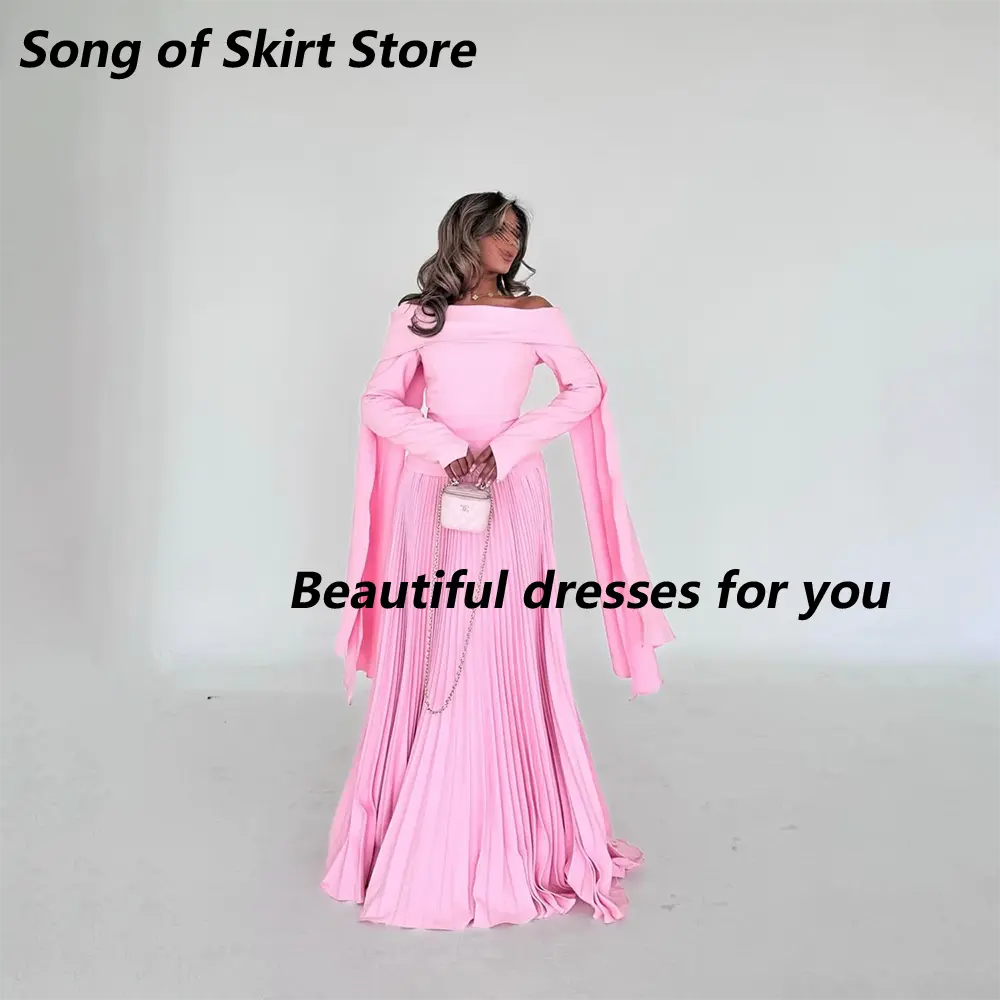 Baby Pink Evening Dresses Customized Off Shoulder Jersey Long Sleeves Floor Length Prom Dress Arab Dubai Party Gown 2025