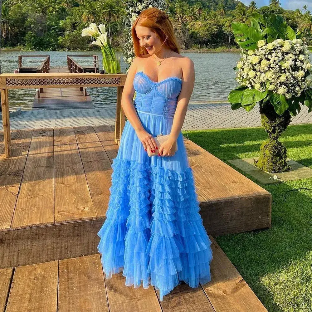 Customized Elegant Puffy Prom Dresses A Line Sweetheart Evening Dress For Women Ruffles Tiered Tulle Floor Length Formal Party D
