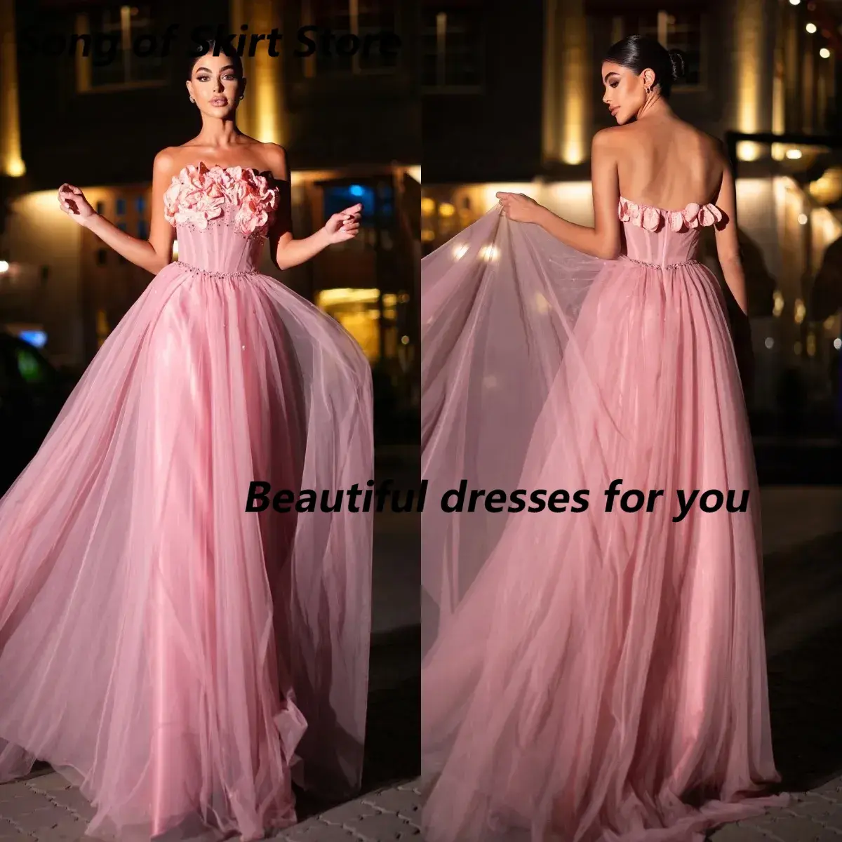 Customized Gorgeous Pink Evening Dresses Appliqued Sexy Strapless Evening Gown Bone Bodice Tulle Formal Prom Dresses For Women