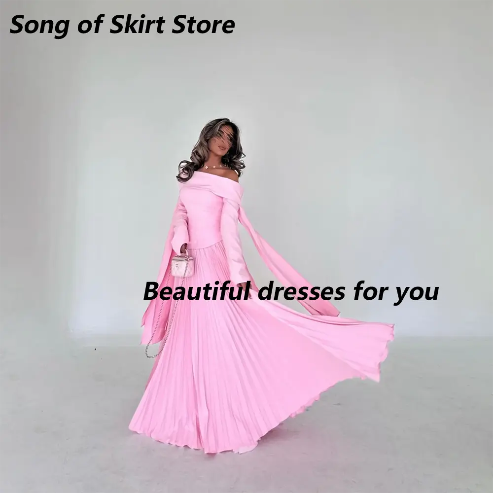 Baby Pink Evening Dresses Customized Off Shoulder Jersey Long Sleeves Floor Length Prom Dress Arab Dubai Party Gown 2025
