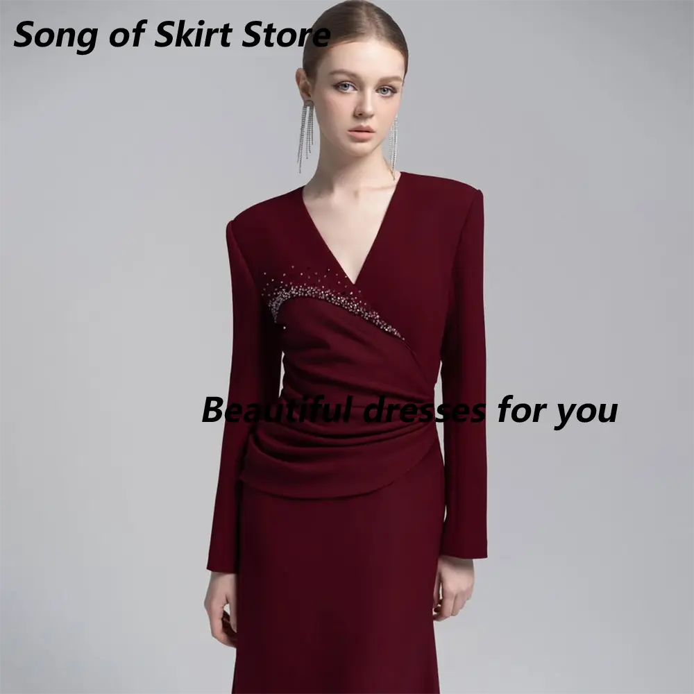 Burgundy Evening Dress Customized V-Neck Long Sleeves Crystals Pleat A Line Jersey Formal Prom Gown Formal Party Dresses
