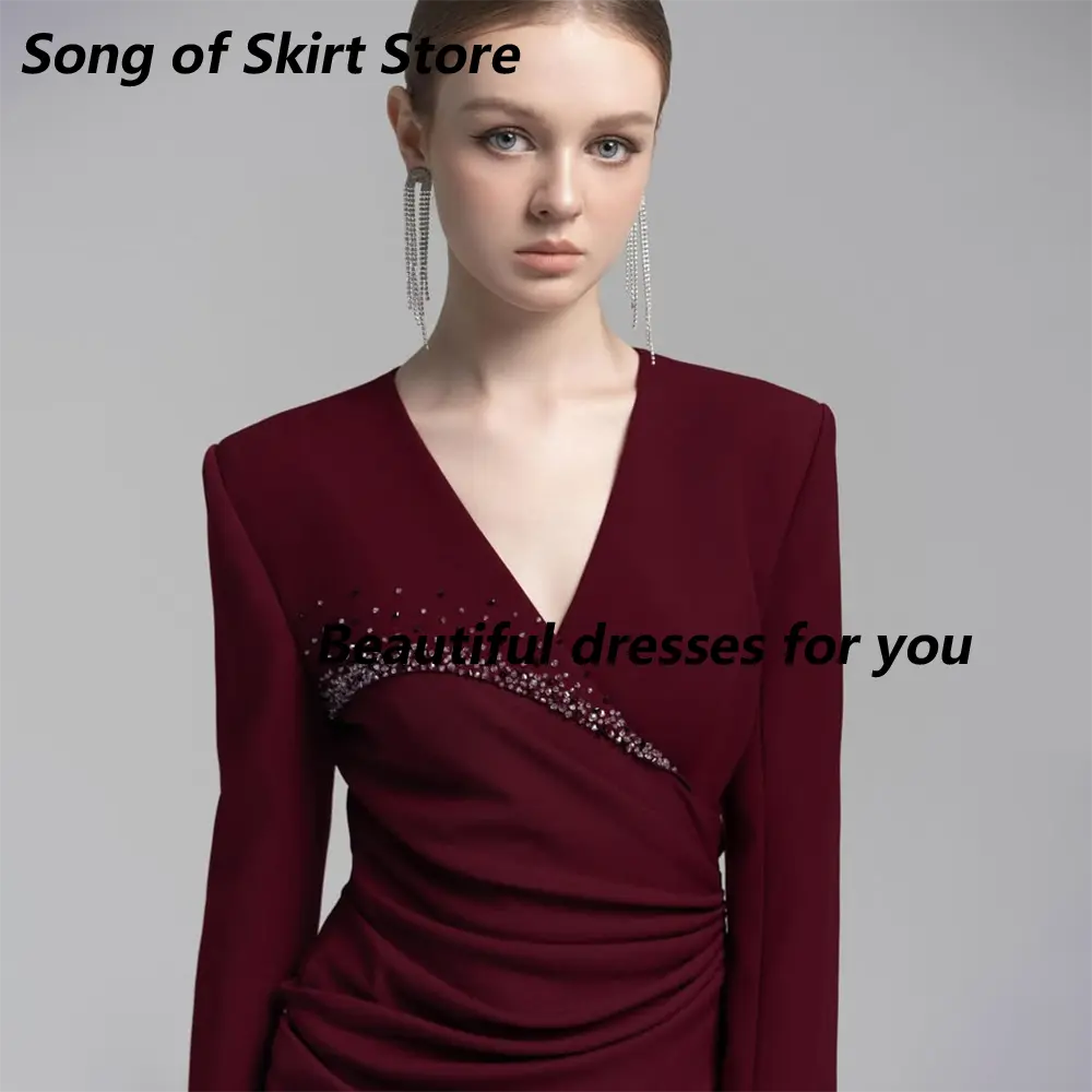 Burgundy Evening Dress Customized V-Neck Long Sleeves Crystals Pleat A Line Jersey Formal Prom Gown Formal Party Dresses